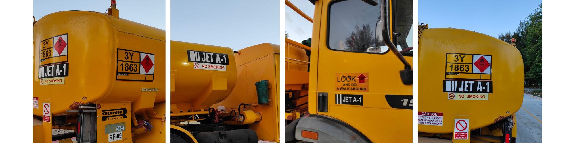 Yellow GSE tanker trucks fitted with Chanakya aviation hazard and warning decals