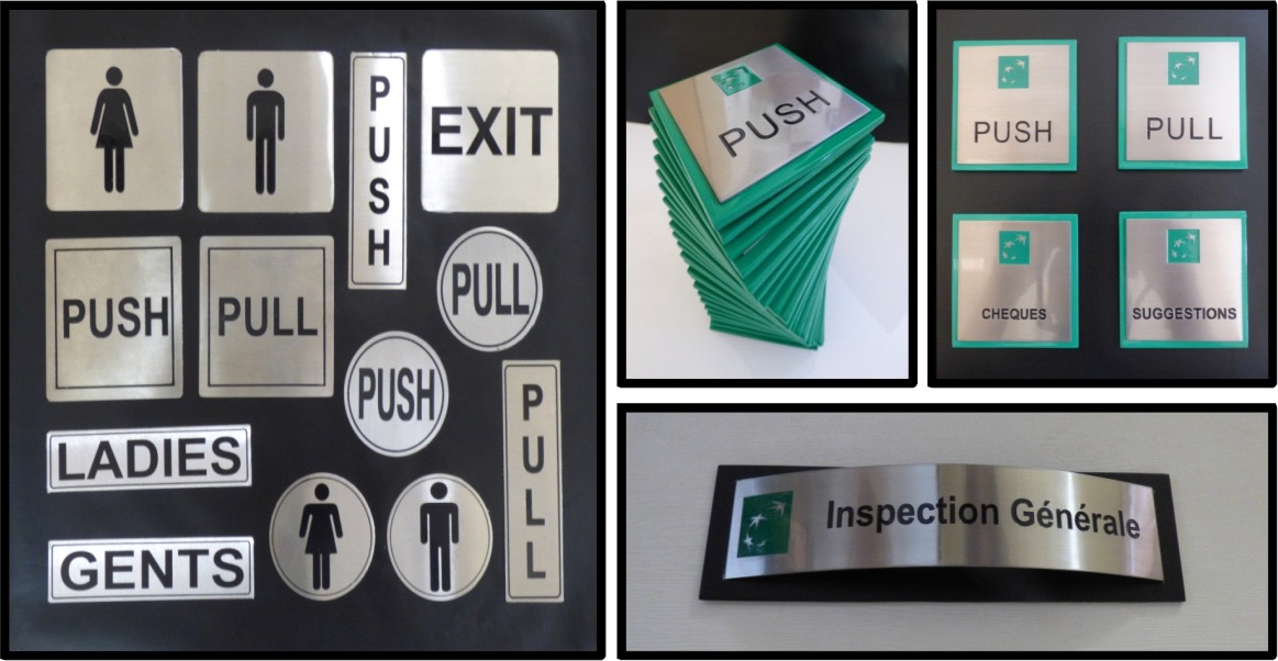 Metal signs — push, pull, ladies, gents, directional and wayfinding signs