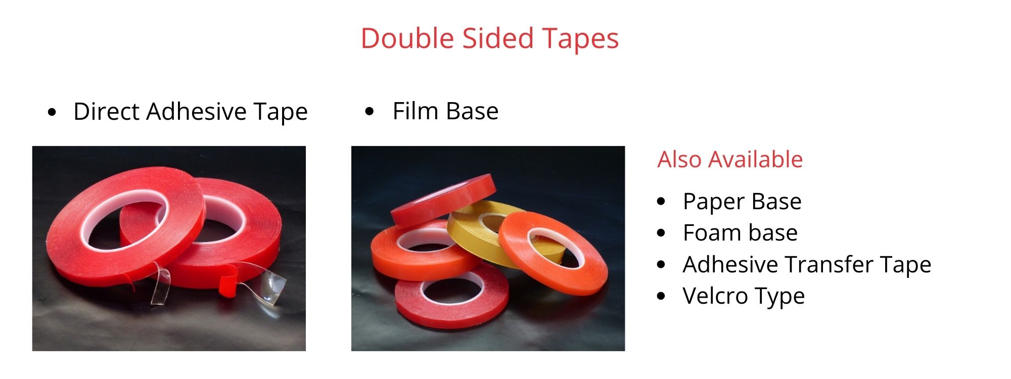Red double-sided adhesive tape rolls — direct adhesive and film base types