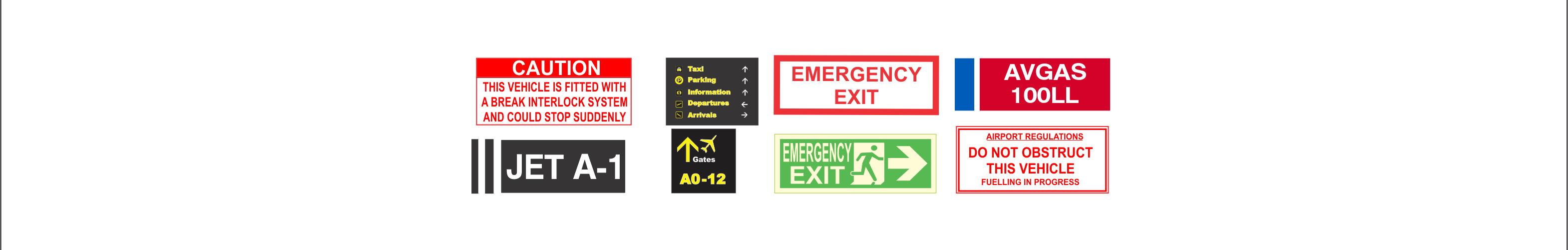 Aviation decal samples — caution, emergency exit, JET A-1, AVGAS, airport regulations stickers